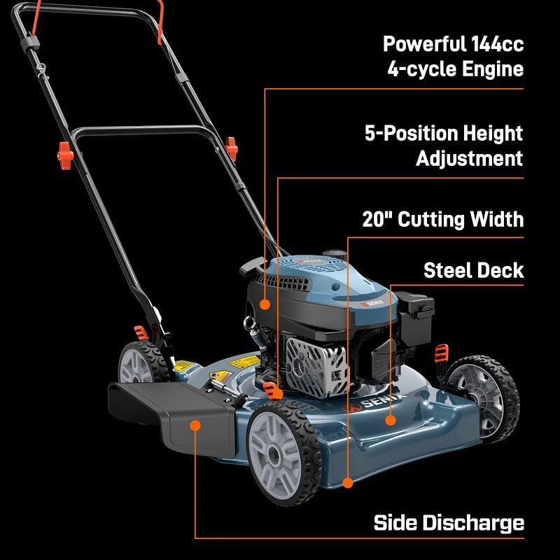 Gas Lawn Mower, 18" Blade, 144cc 4-Cycle Push Mower with Side Discharge